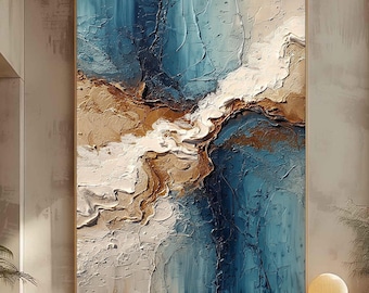 Teal Gold Abstract Painting, Textured Impasto Canvas, White River Detail, Large Wall Art