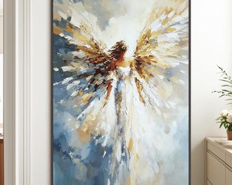 Abstract Angel Painting Teal Gold Impasto Canvas, Spiritual Contemporary Wall Art