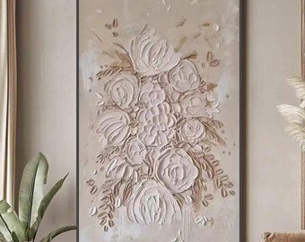 Textured 3D White Flower Painting, Beige Neutral Japandi Living Room Art