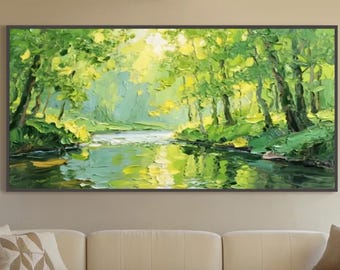 Impressionist Forest River Oil Painting: Sunlit Woodland Canvas Art