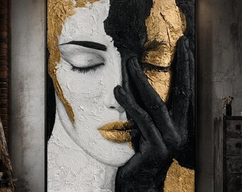 Black White Gold Woman Portrait Abstract Face Painting Luxury Canvas Art Modern Decor