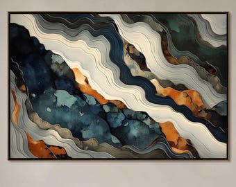 Handmade Geode Wall Art, Blue Teal Waves, Gold Rust, White Contour Canvas Painting