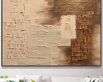 Textured Beige Gold Abstract Painting: 3D Geometric Canvas Wall Art