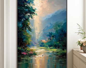 Impressionist River Painting Teal Green Gold Heron, Textured Impasto Lake Scene Wall Art