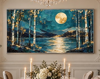 Teal Moon Lake Painting, Textured Landscape Wall Art