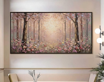 Cuadro del Bosque Encantado – Arte en lienzo acrílico con flores silvestres rosas – Decoración de pared de cuento de hadas