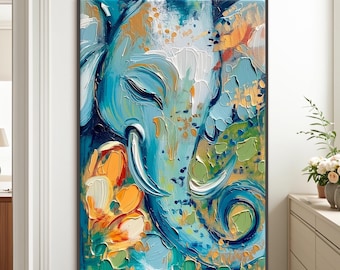 Abstrakte Elefant Malerei Teal Gold Leinwand - Strukturierte Acryl Boho Tier Wandkunst