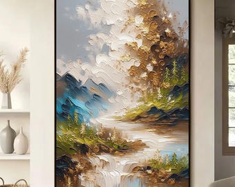 Textured Gold Waterfall Oil Painting – Mountain Forest Landscape, Impasto Nature Wall Art