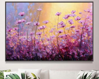 Hand-Painted Floral Field Oil Painting, Romantic Pastel Wall Art, Textured Impressionist Decor