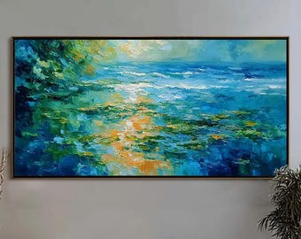 Teal Aqua Abstract Seascape Impasto Painting, Gold Light Reflection Coastal Wall Art