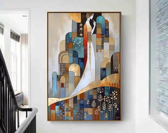 Art Deco Woman Painting Gold Blue Geometric Abstract Canvas Modern Wall Art