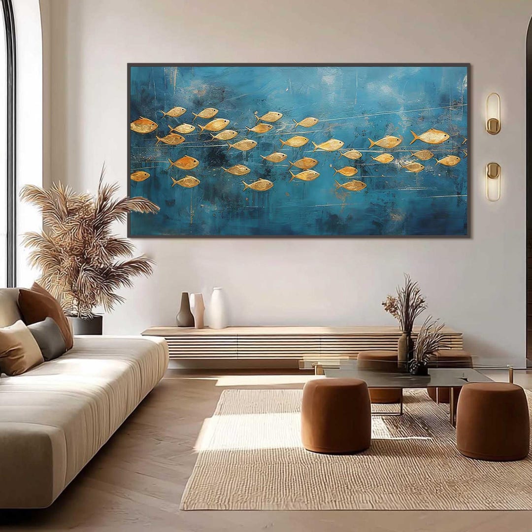 Abstract Gold Fish Canvas Painting, Textured Blue Ocean Wall Art - Etsy
