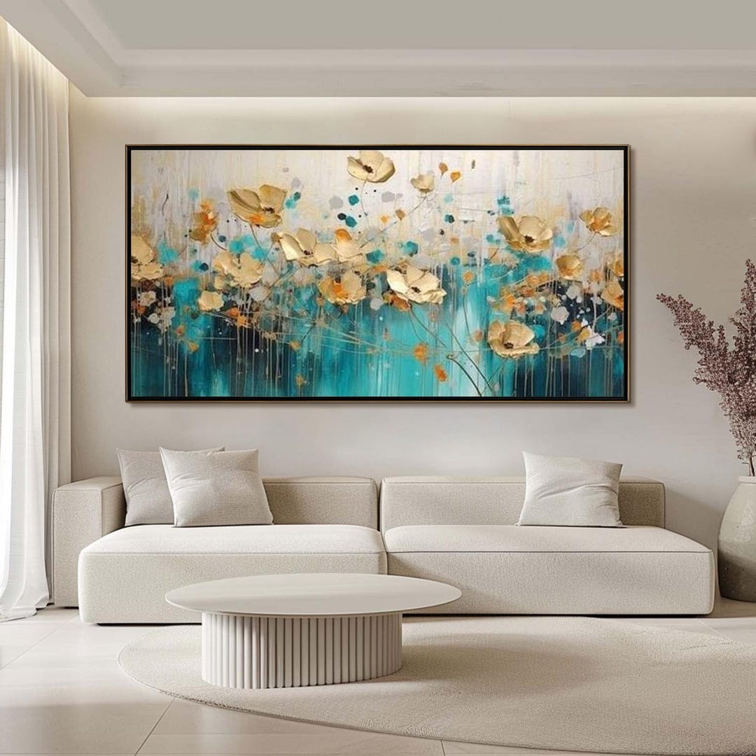 Gold Floral Oil Painting, Teal Abstract Canvas Artwork, Modern Wall ...