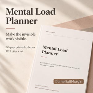 May include: A 20-page printable Mental Load Planner in a rosy neutral edition. The cover features the text Mental Load Planner, Camellia & Margin, and the phrase A gentle place to see what you carry, share what can be shared, and make room for yourself.