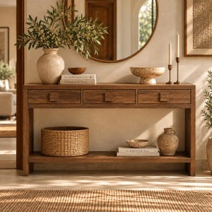 May include: A rectangular wooden console table with three drawers, each featuring a square knob. The table has a lower shelf holding a woven basket, a small bowl, two stacked books titled The Kinfolk Home, and a textured ceramic vase.