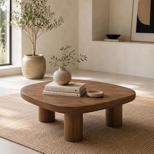 May include: A low, rounded, dark wood coffee table with four thick cylindrical legs. On the table sit two stacked books titled Kinfolk and Live Beautifully, a small round wooden bowl, and a beige ceramic vase containing green leafy branches.