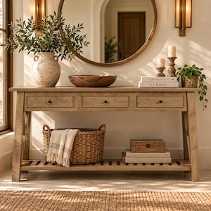Peut inclure: Une console en bois brun clair avec trois tiroirs et une étagère inférieure à lattes. Le dessus porte un vase en céramique mouchetée avec de la verdure, un bol en bois, deux bougies et des livres intitulés The Kinfolk Home et At Home.
