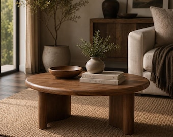 May include: A low, oval-shaped wooden coffee table with two thick, curved slab legs. On the table sits a dark wooden bowl, a small beige ceramic vase with green foliage, and two stacked books with the text "AT 100" and "THIS IS HOME" on spines.