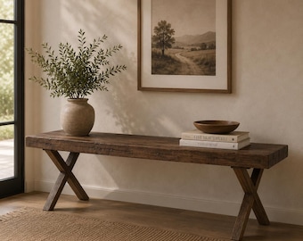 Reclaimed Wood Trestle Bench, Rustic Farmhouse Entryway Bedroom Bench