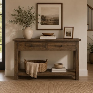 Puede incluir: Una mesa consola rectangular de madera con dos cajones y un estante inferior. La mesa presenta un acabado de grano de madera marrón oscuro y pequeños pomos negros. Está decorada con un jarrón de cerámica, una cesta tejida, libros y un pequeño cuenco de madera.