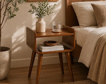 Mid Century Side Table | Handcrafted Mango Wood Open Shelf Jodhpur Walnut