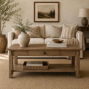 Op de afbeelding: Een rechthoekige houten salontafel met een glad bovenblad, een centrale lade met een kleine donkere knop en een open onderste plank. De tafel is gemaakt van lichtbruin hout met een zichtbare nerf en staat op vier stevige poten.