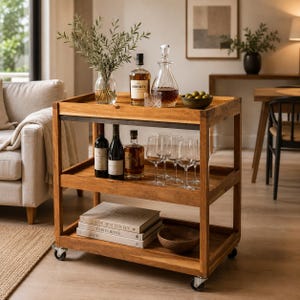 Peut inclure: Un chariot de bar en bois à trois niveaux sur roulettes, doté d'une étagère supérieure avec une carafe en verre, une bouteille de whisky Monkey Shoulder, un vase avec de la verdure et un bol d'olives. L'étagère centrale contient des bouteilles de vin.