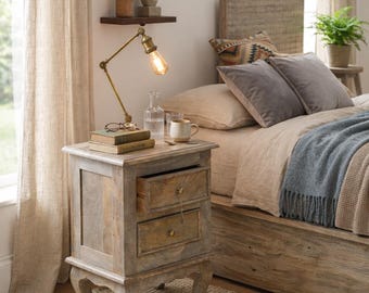 Rustic Wood Nightstand with 2 Drawers, Handcrafted Bedside Table, Jodhpur