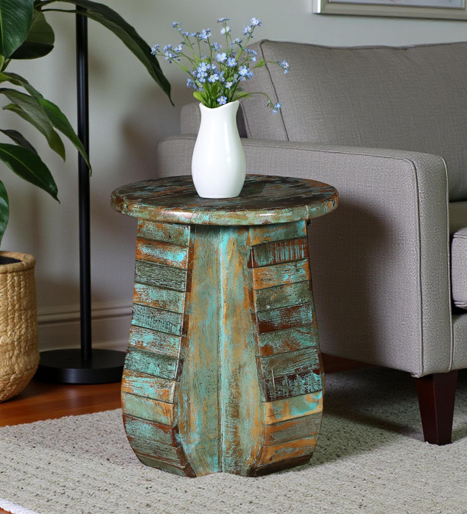 Rustic Turquoise Table Reclaimed Wood Round Side Table, Rustic Turquoise Accent Table ...
