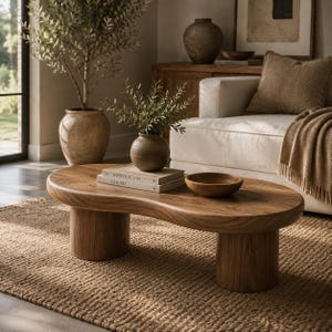 May include: A low, kidney-shaped wooden coffee table with a smooth, natural grain finish and two thick, cylindrical pedestal legs. The table surface holds two stacked books titled Kinfolk and Home, a small wooden bowl, and a small potted plant.