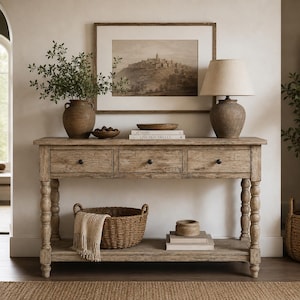 May include: A light brown wooden console table with three drawers and a lower shelf. The table features turned legs and dark round knobs. On top are a brown vase with greenery, a table lamp with a beige shade, and two books titled At Home and Live Beautifully.