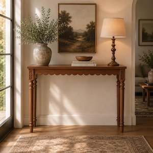 Op de afbeelding: Een houten sidetable met een geschulpte rand en gedraaide poten, voorzien van een textuurrijke keramische vaas met groen blad, een kleine houten kom, twee gestapelde boeken met de titels "Live Beautifully" en "This is Home", en een tafellamp.
