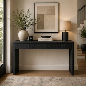 Black Fluted Console Table, Slab Leg Modern Jodhpur Entry Table