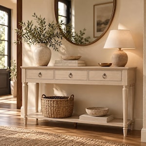 Pode incluir: Uma mesa consola de madeira clara com três gavetas com puxadores em anel e pernas caneladas. A mesa sustenta um vaso texturizado com vegetação, um candeeiro com abajur de tecido, livros intitulados The Kinfolk Home e um cesto entrançado.