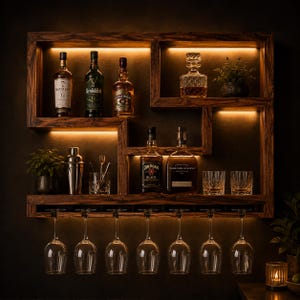 Mango Wood Asymmetric Bar Shelf, Multi Compartment Wine Glass Rack, Jodhpur