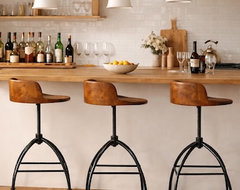 Adjustable Industrial Bar Stool, Solid Wood and Iron, Handcrafted