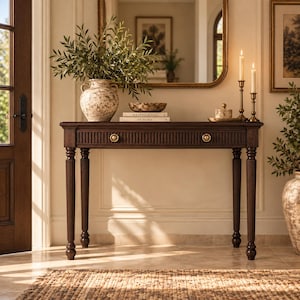 May include: A dark brown wooden console table with fluted legs and a single drawer featuring two brass knobs. The table surface holds a speckled ceramic vase with greenery, a decorative bowl, two stacked books, and two brass candlesticks with candles.