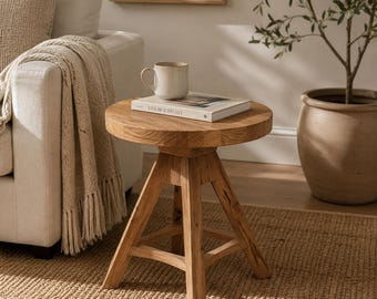 Round Reclaimed Wood Stool, Butcher Block Top, Splayed Leg Plant Stand