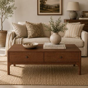 May include: A rectangular wooden coffee table with two drawers featuring a sunburst carved pattern and small round knobs. The table surface holds a beige ceramic vase with green foliage and two stacked books titled Live Beautifully and This Is Home.