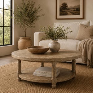 May include: A round, light brown wooden coffee table with a lower shelf featuring two stacked books titled Live Beautifully and This Is Home. The tabletop holds a large wooden bowl and a small, textured, off-white ceramic vase with green foliage.
