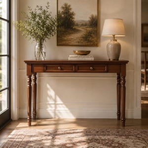 May include: A dark wood console table with two drawers and turned legs. On top sits a clear glass vase with green foliage, a gold bowl, two stacked books titled Live Beautifully and This is Home, and a table lamp with a beige fabric shade.