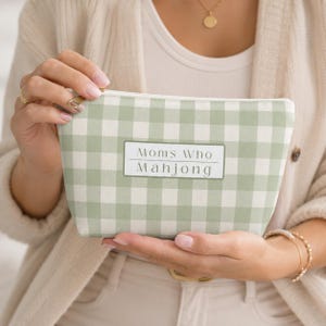 Mahjong Tile Pouch Zippered Cosmetic Bag Gingham Checkered Pattern Sage Green Makeup Organizer Game Accessory Storage Container Travel Case