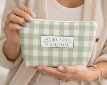 Mahjong Tile Pouch Zippered Cosmetic Bag Gingham Checkered Pattern Sage Green Makeup Organizer Game Accessory Storage Container Travel Case