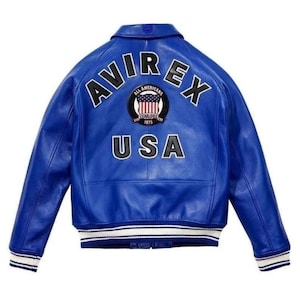 Men&#39;s Blue Avirex Real Leather Bomber Jacket American Flight Leather Jacket /Special gift for Chrismtas /Special gift for brother father