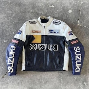 Handmade Suzuki Racing Leather Motorcycle Jacket – Vintage MotoGP Style Biker Jacket with CE Armor – Retro Racing Gear for Men