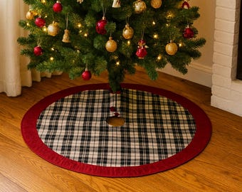 Glitzhome Plaid Christmas Tree Skirt with Red Trim, 48”