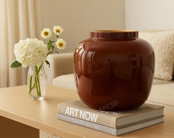 Middle Kingdom Brown Pomegranate Vase • Peach Interior • 15" Bo Jia Signed