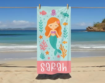 Personalized Mermaid Beach Towel: Custom Name, Ocean Design