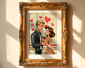 Retro couple print, Retro Wall Art Printable, Valentine Wall Art, Valentines Day Wall Decor, Valentines printable, Digital Download.