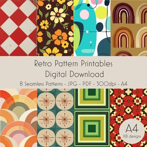 May include: A digital download of eight retro pattern printables. The patterns include a red and white checkered pattern, a floral pattern with brown, yellow, and white flowers, a blue and green abstract pattern, a brown and orange rainbow pattern, a green and blue geometric pattern, a green and yellow square pattern, a red and white floral pattern, and a yellow and orange curved pattern. The text "Retro Pattern Printables Digital Download 8 Seamless Patterns - JPG - PDF - 300dpi - A4 A4 X8 designs" is included in the image.